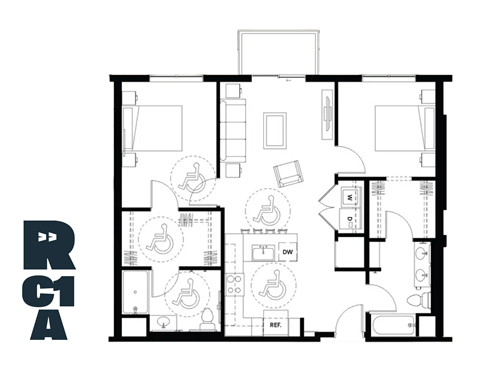 Floor plan for 2 beds, 2 baths, 1047 sqft